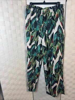 Michael Kors White Wide-Leg Tropical Leaf Print Pants with Green and Red Accents